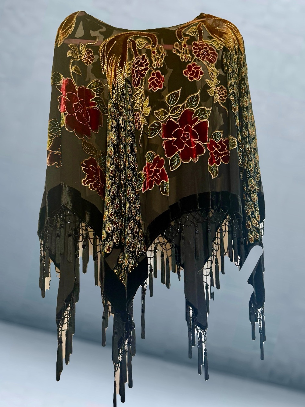 Black Floral Velvet Appliqué Fringe shawl